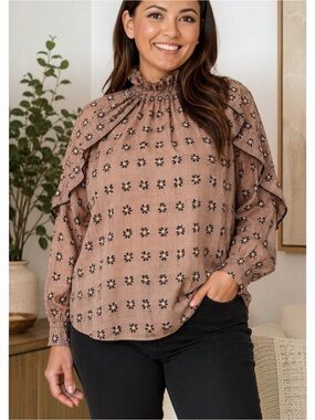 Hofmann Copenhagen Juliette Ruffle Mock Neck‎ Blouse Taupe Black Women’s 40